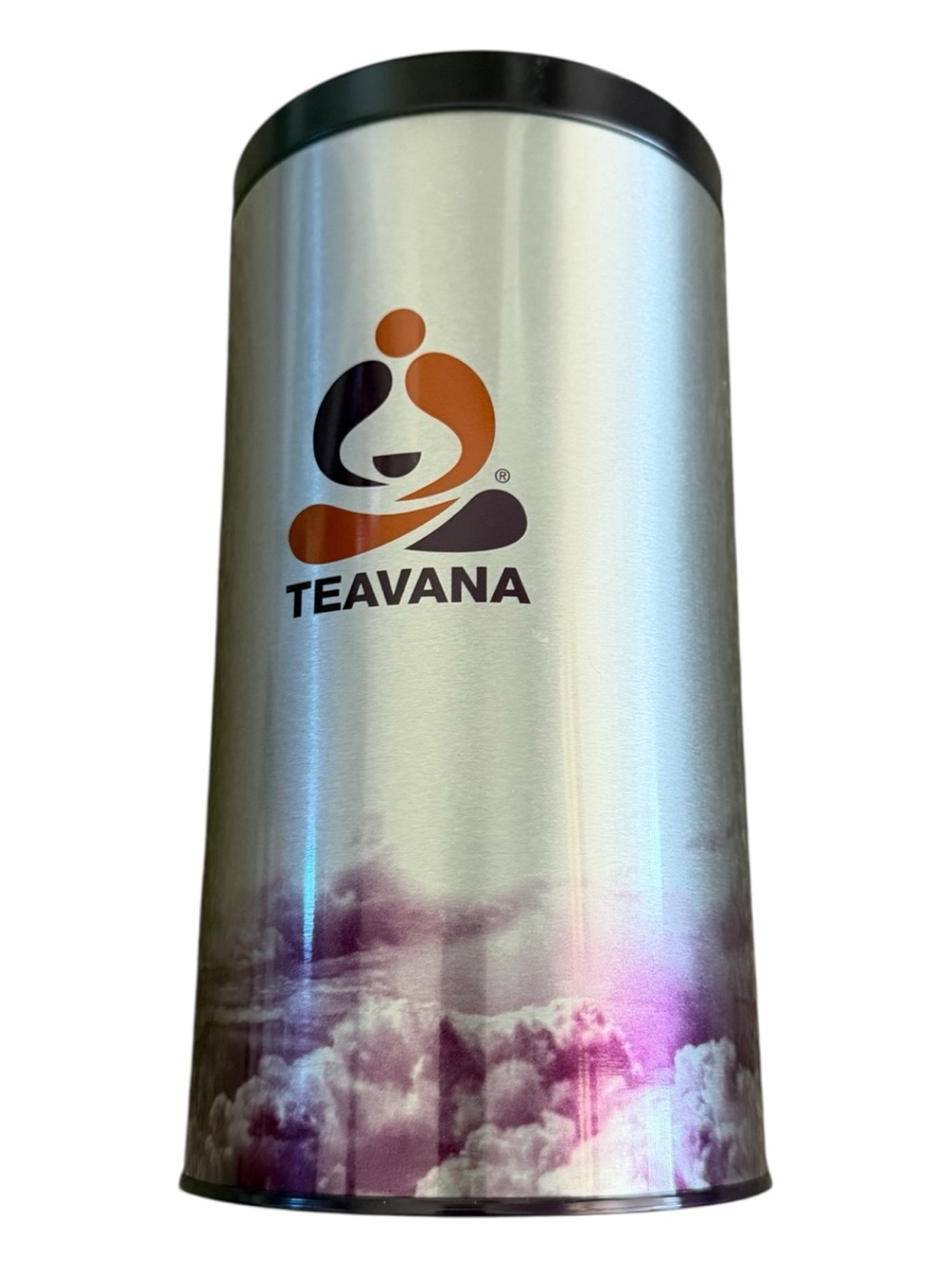 Teavana Silver Canister with Purple and Orange Logo air tight sealed